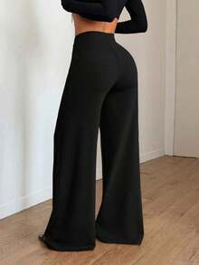 Pantalones casuales delgados y elásticos para mujer con bolsillos, versátiles para uso diario, ir al trabajo, oficina y ocio/deporte, diseño de pierna acampanada para estilizar las piernas, primavera/verano negro - Negro carbón - Ver 4