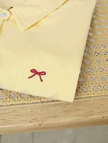 ElCamisa de manga corta holgada con bordado de mariposa a rayas azules para mujer, corta - Amarillo - Ver 4