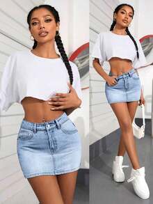 Minifalda vaquera casual de uso diario para mujer con bolsillos y botones - Lavado ligero - Ver 7