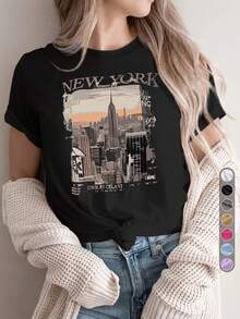 Camiseta para mujer con horizonte de la ciudad de Nueva York - Estilo vintage de NYC, adecuada para amantes de la ciudad y recuerdo de viaje, top elástico de cuello redondo con estampado icónico de Nueva York, lavable a máquina, para toda temporada, para gimnasio, oficina y atuendos diarios - Negro - Ver 2