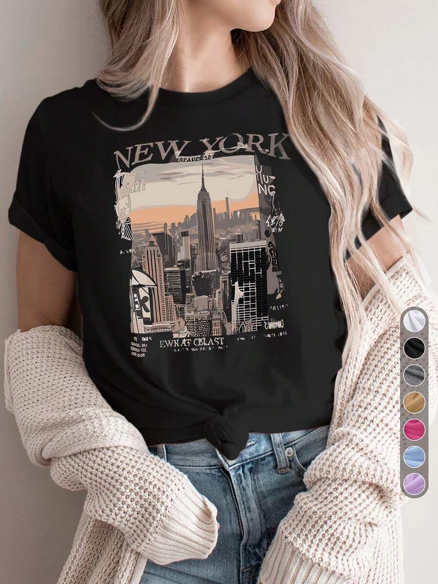Camiseta para mujer con horizonte de la ciudad de Nueva York - Estilo vintage de NYC, adecuada para amantes de la ciudad y recuerdo de viaje, top elástico de cuello redondo con estampado icónico de Nueva York, lavable a máquina, para toda temporada, para gimnasio, oficina y atuendos diarios