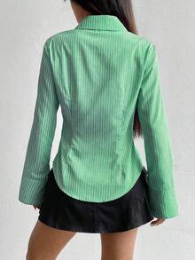 Camisa de manga larga casual a rayas que ciñe la cintura, apta para primavera/verano/otoño, tops de manga larga - Verde - Ver 2