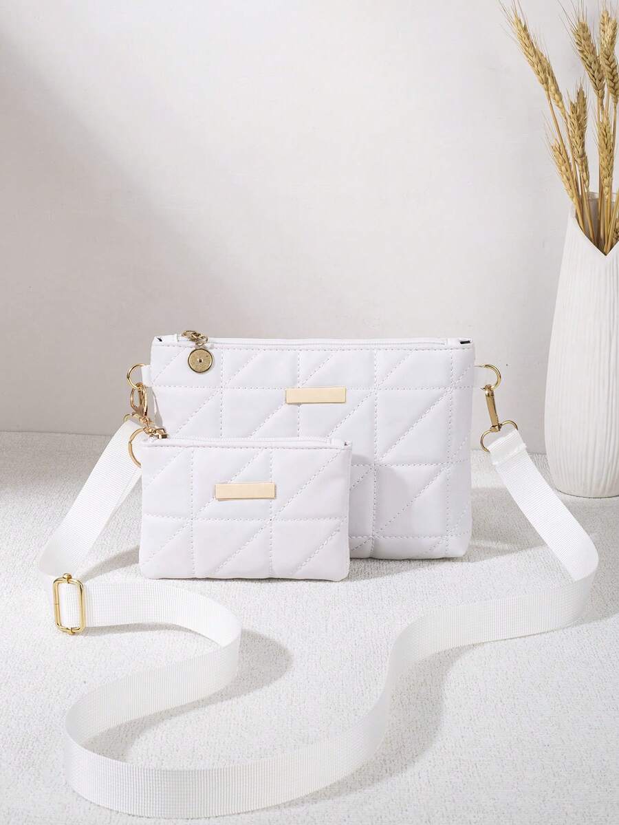 Minimalist Rhombus Pattern Crossbody Bag, Lightweight Versatile Shoulder Handbag With Metal Decor, Suitable For Casual Daily And Commute - White - View 1