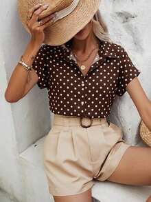 Blusa de estilo minimalista casual con estampado de lunares blancos y patrón de monedas vintage, adecuada para primavera/verano, versátil - Multicolor 3 - Ver 3