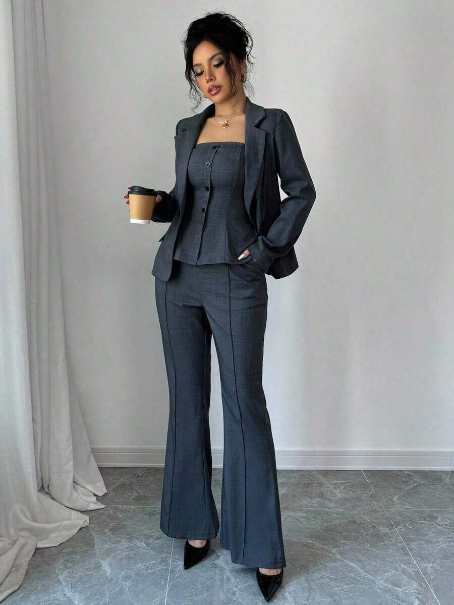 Set de 3 piezas elegante para mujer: Chaqueta con cuello de solapa, top camiseta y pantalones de campana para el otoño - Gris - Ver 1