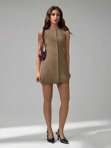 Tall Vestido mini elegante de unicolor con cuello redondo y sin mangas para mujer - Caqui - Ver 2