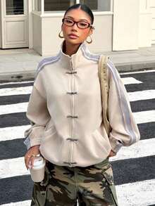 Chaqueta ligera con cremallera, cuello alto, contraste de rayas laterales y botones para mujer, estilo deportivo casual de moda para primavera/otoño - Albaricoque - Ver 4