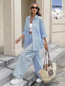 Conjunto de invierno para mujer que incluye blusas, camisa de manga enrollada de un solo botonadura y unicolor, y pantalones de pierna ancha.Conjunto de dos piezas de invierno con manga larga para mujer. - Azul y blanco - Ver 1