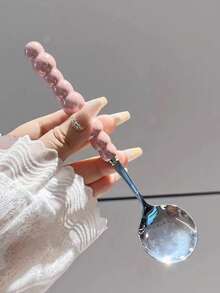 Elegant Stainless Steel Soup Spoon, Imitation Pearl Porcelain Handle, Oval Long Design,Reusable Dinner Spoon Perfect For Rice, Soup, Home Dining, Kitchen, Banquet And Daily Meal Use, Stylish Tableware Decor - Multicolor - View 3