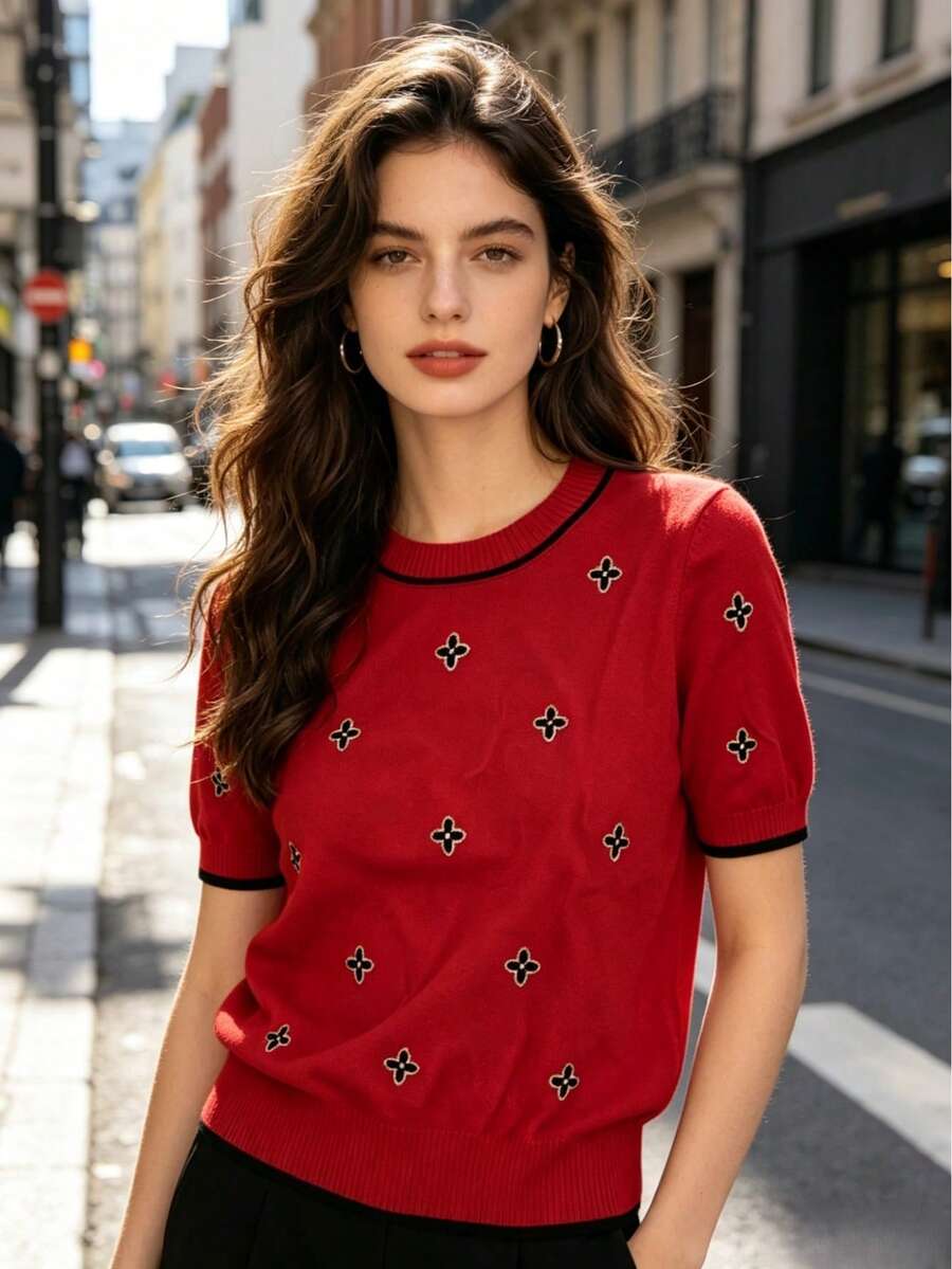New Knitted Casual Short Sleeve Top, Minimalist Loose Fit Round Neck Embroidered Lightweight Blouse Vacation - Red - View 1