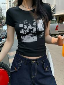 女款圓領短袖T恤，夏季新款字母印花，美式辣妹風，百搭修身短版上衣，休閒度假黑色 - 黑色 - 查看 1