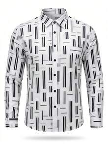 Men's Minimalist Print Long Sleeve Formal Shirt - White - View 6