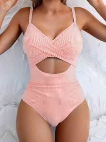 Traje de baño de una pieza sexy para mujer con rayas, encaje cruzado en la espalda - Multicolor 2 - Ver 3