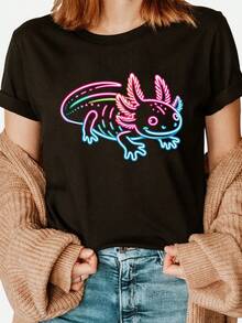 Camiseta con Estampado de Axolotl, Manga Corta, Cuello Redondo, Estilo Casual para Verano y Primavera, Ropa de Mujer - Negro - Ver 2