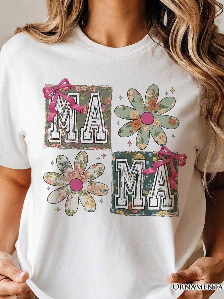 Mama Coquette Floral T-Shirt, White And Natural, Boho Style For Sweet And Stylish Moms. Unisex 220g Pure Cotton T-Shirt, Ideal Weight For All Seasons, Suitable For Both Men And Women. Durable, High-Quality Fabric, Soft To The Touch And Long-Lasting. Breathable Top. Suitable For Spring And Summer, Holidays, Mother's Day, And Independence Day. - 白色 - 查看 1