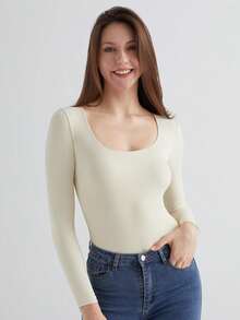 Women's Ribbed U-Neck Long Sleeve Bodysuit - Sculpting Stretch One-Piece Top For Casual, Lounge & Streetwear - trắng - Xem 8