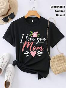T-Shirt [Personalized Product] Women's T-Shirt With Personalized Name, Heart And English Print "I Love You..." Breathable, Casual, Fashionable Women's T-Shirt, Round Neck And Short Sleeve / 100% Cotton Short Sleeve T-Shirt. - 黑色 - 查看 6
