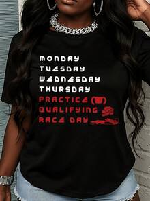 Camiseta de mujer de algodón puro con estampado divertido de días de la semana y temática de automovilismo, estilo casual moderno y suave para uso diario elegante - Negro - Ver 7