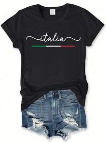 Camiseta gráfica de ciudad, linda camiseta de dibujos animados de manga corta, blusas casuales para el día a día, ropa para mujeres - Negro - Ver 6