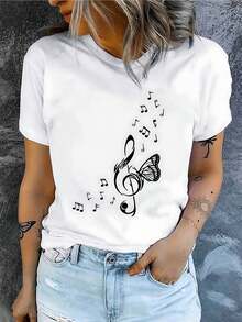 1pscPlayera de mujer de algodón puro con estampado artístico de notas musicales y mariposa, estilo casual moderno, suave, transpirable y cómoda para uso diario y verano100%cotton100% Cotton100% Cotton100% Cotton - Blanco - Ver 6