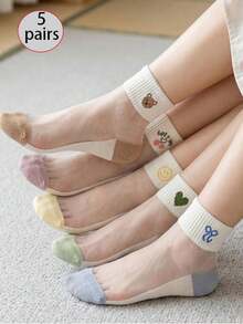 5 pares de calcetines de tobillo ligeros, transpirables y versátiles de fibra de vidrio transparente con lindos diseños de dibujos animados, adecuados para primavera y verano - Multicolor - Ver 1