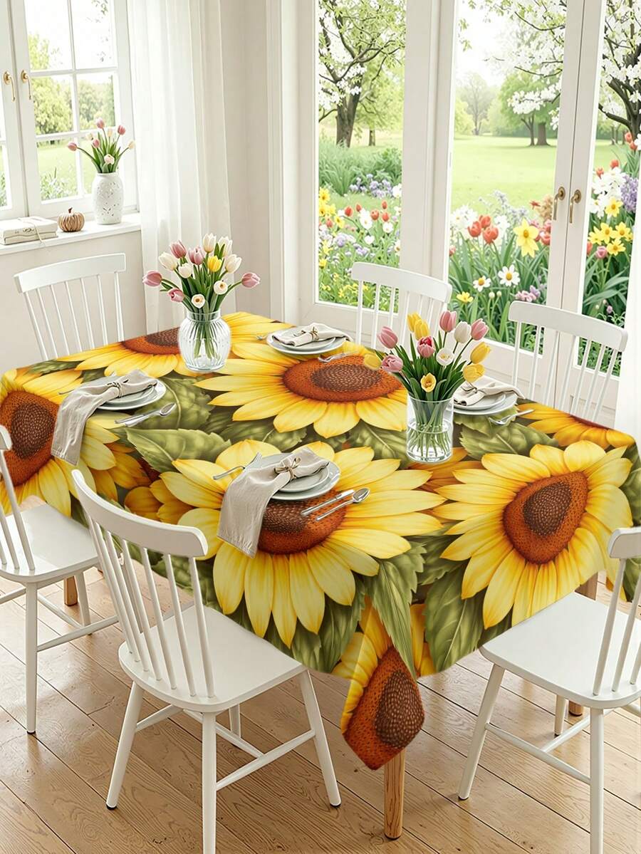 1/2pcs Tablecloth, Sunflower Pattern Polyester Tablecloth, Countryside Style Dining Table Decor, Suitable For Kitchen, Dining Room, Coffee Table, Picnic, Camping, Farmhouse Home Decor, Square Or Round Shape, Multi-Scenario Table Protection, Holiday Atmosphere Embellishment - Multicolor - View 1