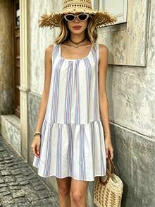 1 pieza Vestido corto sin mangas con cuello cuadrado, rayas de colores y volantes en el bajo, estilo casual de vacaciones, ajuste holgado y favorecedor en línea A, vestido camisola elegante de verano - Azul - Ver 5