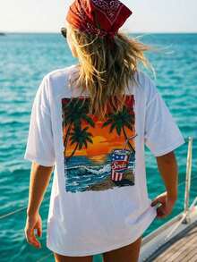 Camiseta de mujer estilo Y2K con hombros caídos, estampado de puesta de sol con árbol de coco, manga corta, estilo retro de los 90, top casual de corte holgado, camiseta con estampado playero desgastado, ropa estética E-Girl, atuendo moderno estilo Y2K, tops casuales de verano para salir, perfecta para uso diario, regreso a clases, citas, vacaciones en la playa, viajes en yate, viajes, festivales de música, raves, fiestas, estilo urbano, discotecas, desplazamientos, esencial para el verano de las chicas modernas, camiseta casual para tallas grandes, ropa de moda para mujer. K6UI - Blanco - Ver 1