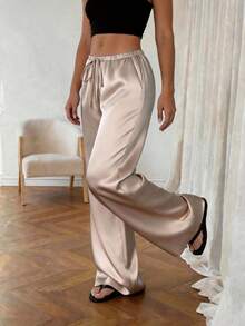 1pc Solid Color Drawstring Pocket Satin Pants, Comfortable For Home Wear, All Season Spring - Khaki - View 7