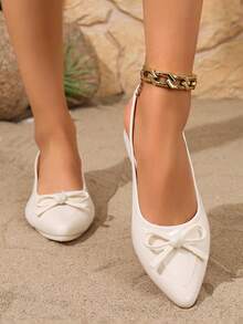 New Spring/Autumn French Style Chunky Heel Bow Tie Pointed Toe Mid Heel Pumps, Low Vamp Non-Fatiguing Work Shoes For Women - White - View 3