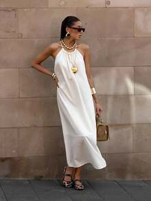 Women's Long French Style Dress Summer 2026, White Loose Fit, Halter Neck, A-Line Style, Exclusive Design - 白色 - 查看 1