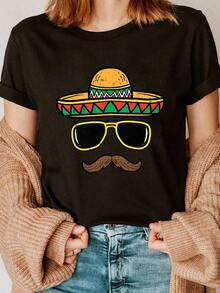 Women's Casual Short Sleeve Round Neck T-Shirt Fashion 2026 Mexican Hat Print Round Neck T-Shirt, Casual Short Sleeve Blouse For Summer And Spring, Women's Clothing. Cozy Soft Simple Everyday Wear Short Sleeve Top - 黑色 - 查看 1