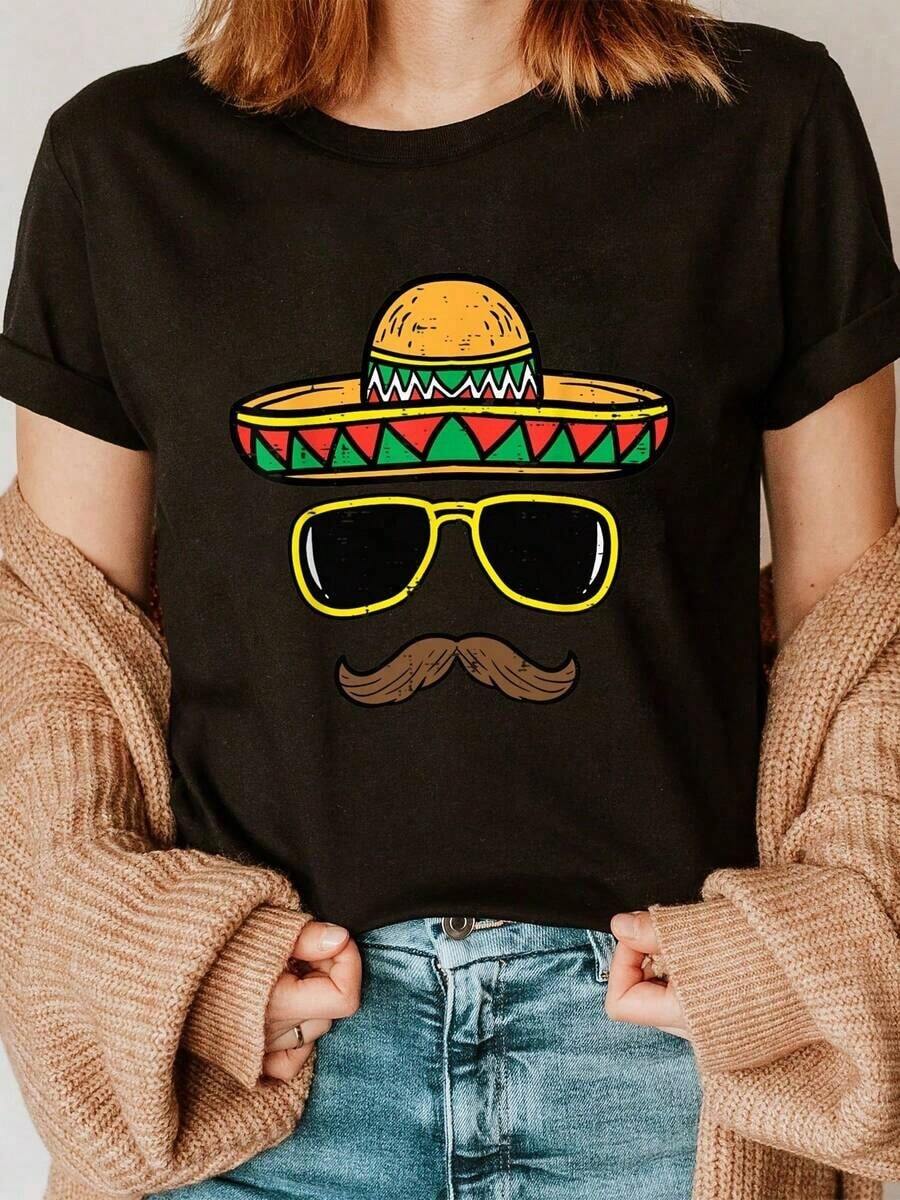 Women's Casual Short Sleeve Round Neck T-Shirt Fashion 2026 Mexican Hat Print Round Neck T-Shirt, Casual Short Sleeve Blouse For Summer And Spring, Women's Clothing. Cozy Soft Simple Everyday Wear Short Sleeve Top - 黑色 - 查看 1