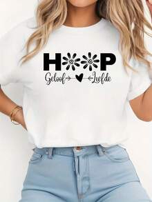 Talla, camiseta de mujer de talla con estampado de letras HOOP Geloof Liefde, manga corta y cuello redondo, top casual para verano y primavera, ropa de mujer - Blanco - Ver 1