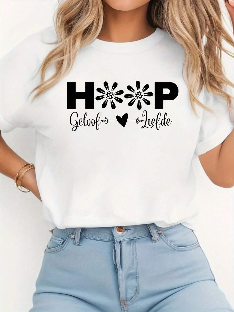 Talla, camiseta de mujer de talla con estampado de letras HOOP Geloof Liefde, manga corta y cuello redondo, top casual para verano y primavera, ropa de mujer - Blanco - Ver 1
