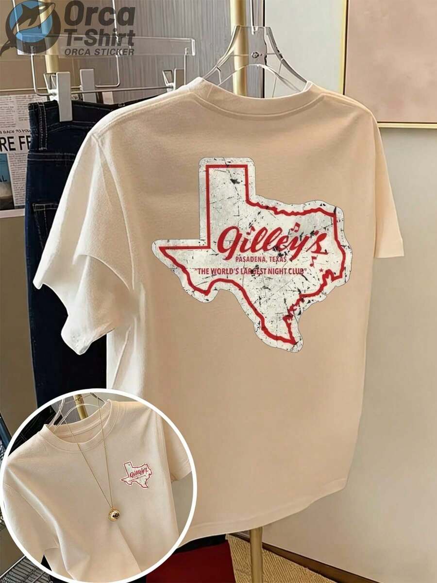 Vintage Casual Style Short-Sleeved T-Shirt, With A Print On The Front And Back, Featuring A Map Of Texas And The Word "Gilley's", Suitable For Everyday Summer Wear, Ideal As A Gift For Couples And Friends. - 杏色 - 查看 1