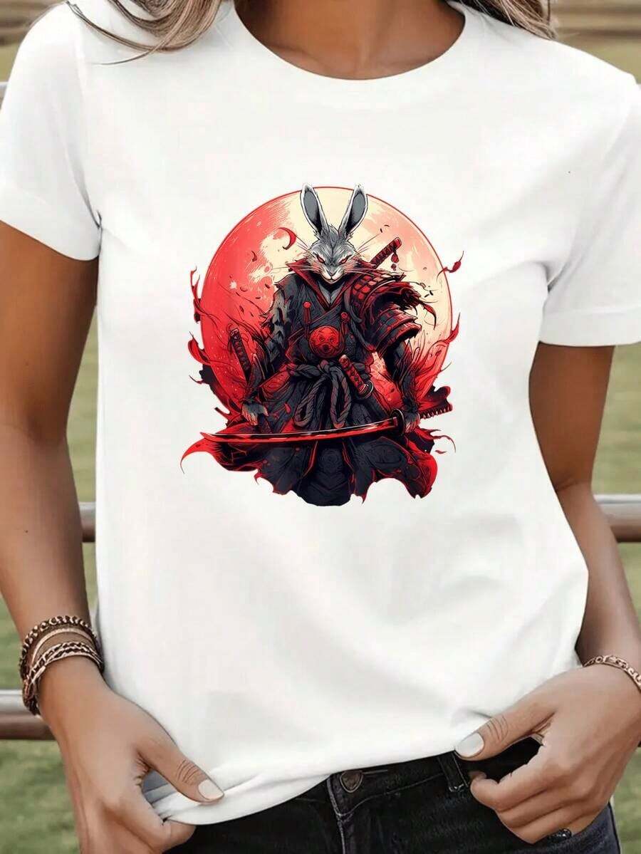 Under The RadarMujer Camiseta de Manga Cclothesta con Estampado de Conejo Samurai en Fondo Rojo Diseño de Arte Anime para Mujeres Moda Casual Streetwear T-shirt Blanco-Vintage Street Style Unisex Loose Cotton Short Sleeve Crew Neck T-Shirt - Blanco - Ver 1
