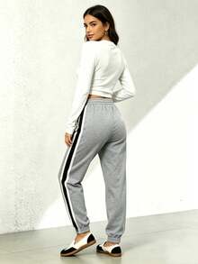 Pantalones largos informales sólidos con efecto de mezclilla y encaje lateral para mujeres - Gris Claro - Ver 3