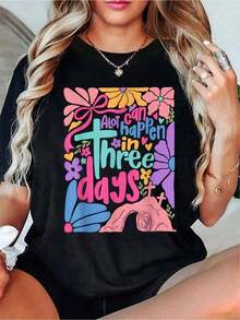 Vintage Boho Coquette "Many Things Can Happen In Three Days" Easter T-Shirt, Casual Short Sleeve Crew Neck T-Shirt For Women, For Spring And Summer, Women's Warm Fashion Clothing - 黑色 - 查看 7