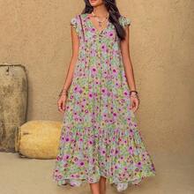 Plus Size Bohemian Floral Maxi Dress, Suitable For Summer Parties, Beach Vacations, Music Festivals, Hawaii Tropical Holidays And Other Occasions - Rosa vieja - Ver 5