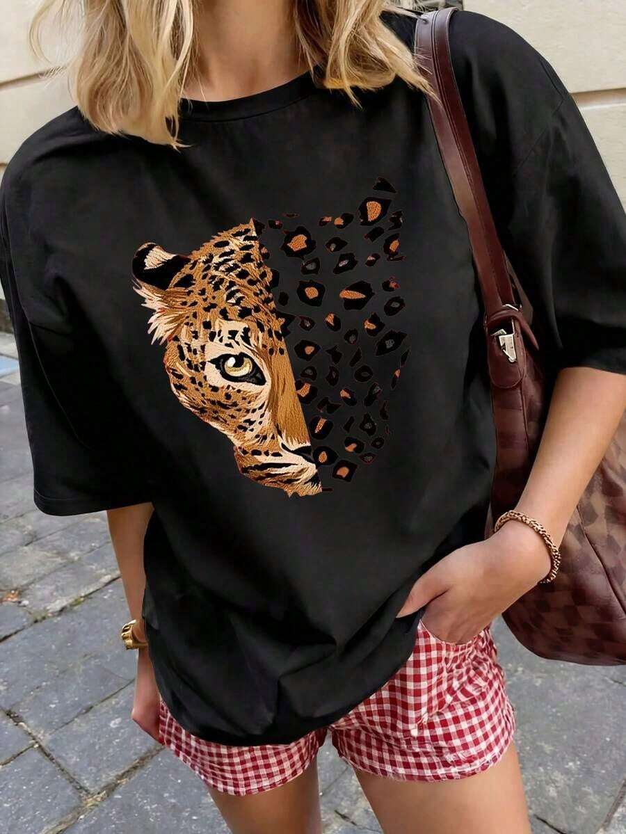 Suave Camiseta de mujer estampada de manga corta para verano, tela de poliéster, estilo multifuncional, corte regular, peso 200 gramos, 1 unidad, blusas para mujer elegante - Negro - Ver 1