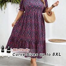 CURVE+ Curve Size US22Music Festival, Seaside Vacation, Bohemia Women's Ditsy Floral Round Neck Short Puff Sleeve Casual Dress, Ladies Summer Sundress - Morado - Ver 9