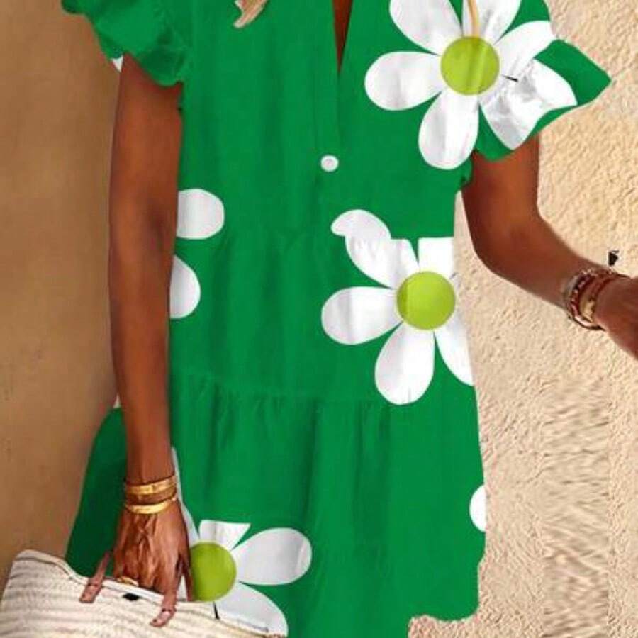 Plus Size Women's Casual Floral Print Ruffle Sleeve Dress, Woven Fabric With 4-Way Stretch, 120G, Suitable For Vacation And Travel Elegant Summer - Verde clásico - Ver 1