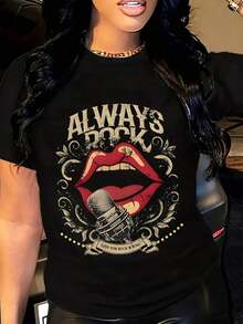 Always Rock Women's T-Shirt, Vintage Rock Band Design With Red Lips And Microphone, White Cotton T-Shirt For Music Lovers - 黑色 - 查看 7