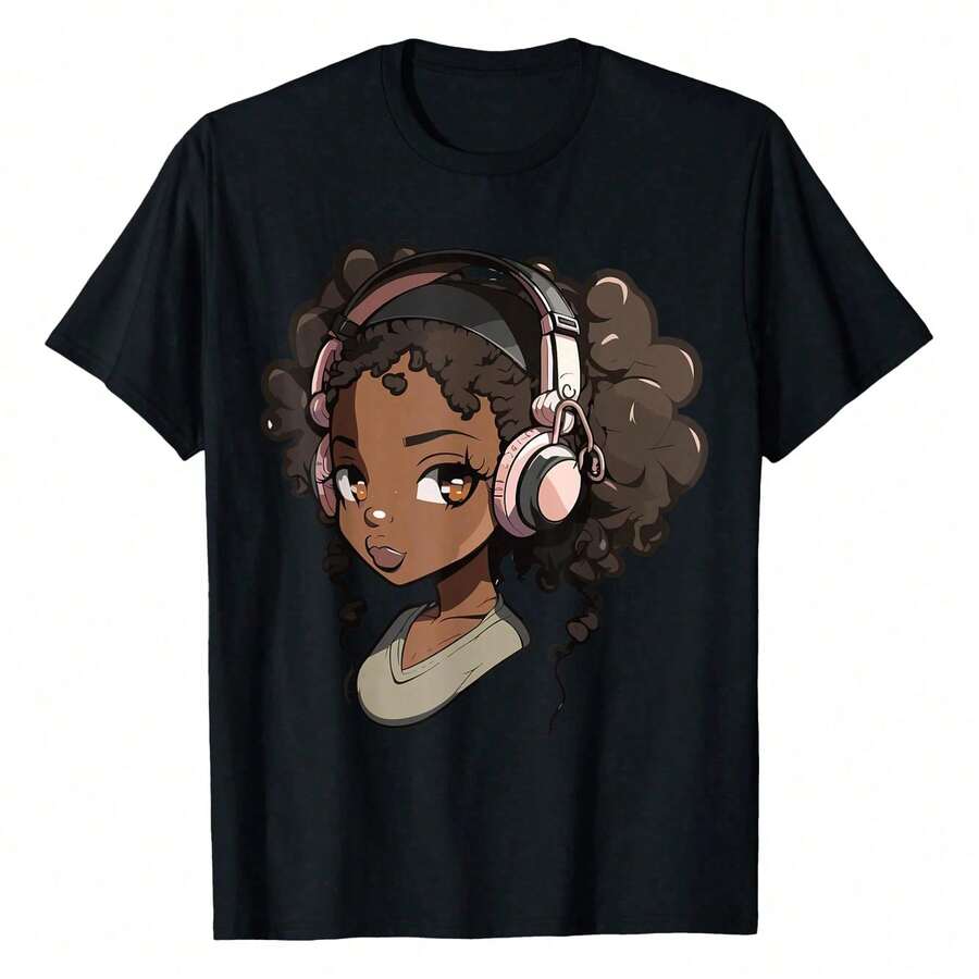 Retro GraphicAnime And Music Black Miss Anime Merch Afro African American T-Shirt Women's Sports T-Shirt, Pure Cotton Short Sleeve,Camisetas populares de  para uso diario,Ropa de verano, ropa para niños y niñas,camisetas de apoyo para el Mundial,Camisetas del Mundial 2026,Camisetas estampadas,Camisetas estampadas, - Negro - Ver 1