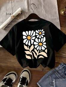 Camiseta de manga corta con estampado floral, camiseta de verano para niñas pequeñas, suave, elástica y cómoda, camiseta de manga corta con cuello redondo, top de verano 100% algodón. - Negro - Ver 1