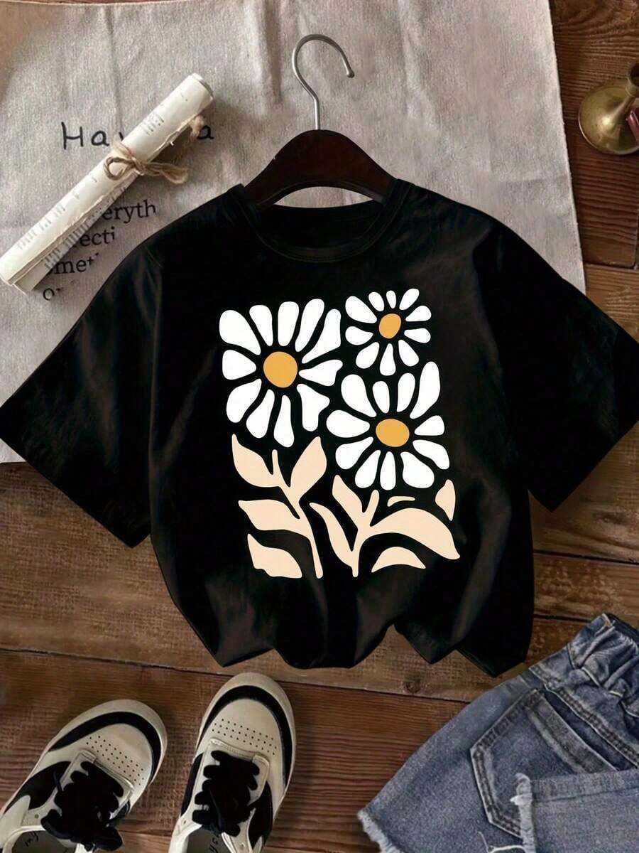 Camiseta de manga corta con estampado floral, camiseta de verano para niñas pequeñas, suave, elástica y cómoda, camiseta de manga corta con cuello redondo, top de verano 100% algodón. - Negro - Ver 1