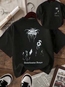 Figura de murciélagos extendiendo sus alas sobre un rostro en sombras que expresa misterio y melancolía evocando la fuerza interior y la oscuridad del arte alternativo camiseta de mujer de doble cara con estampado artístico elegante - Negro - Ver 1