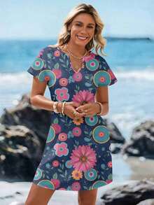 Vestido corto minimalista casual con cuello en V, adecuado para primavera y verano, ropa de verano para mujer, a rayas de colores, ropa de resort para mujer - Multicolor 9 - Ver 5