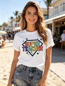 1 Piece Of Women's Graphic T-Shirt With "Super Teacher" Print, Rainbow Color Print, Round Neck, Short Sleeve, Casual Style, Loose And Comfortable, Ideal As A Gift For Teachers, For Daily And School Use, Women's Clothing For All Seasons. - 白色 - 查看 2